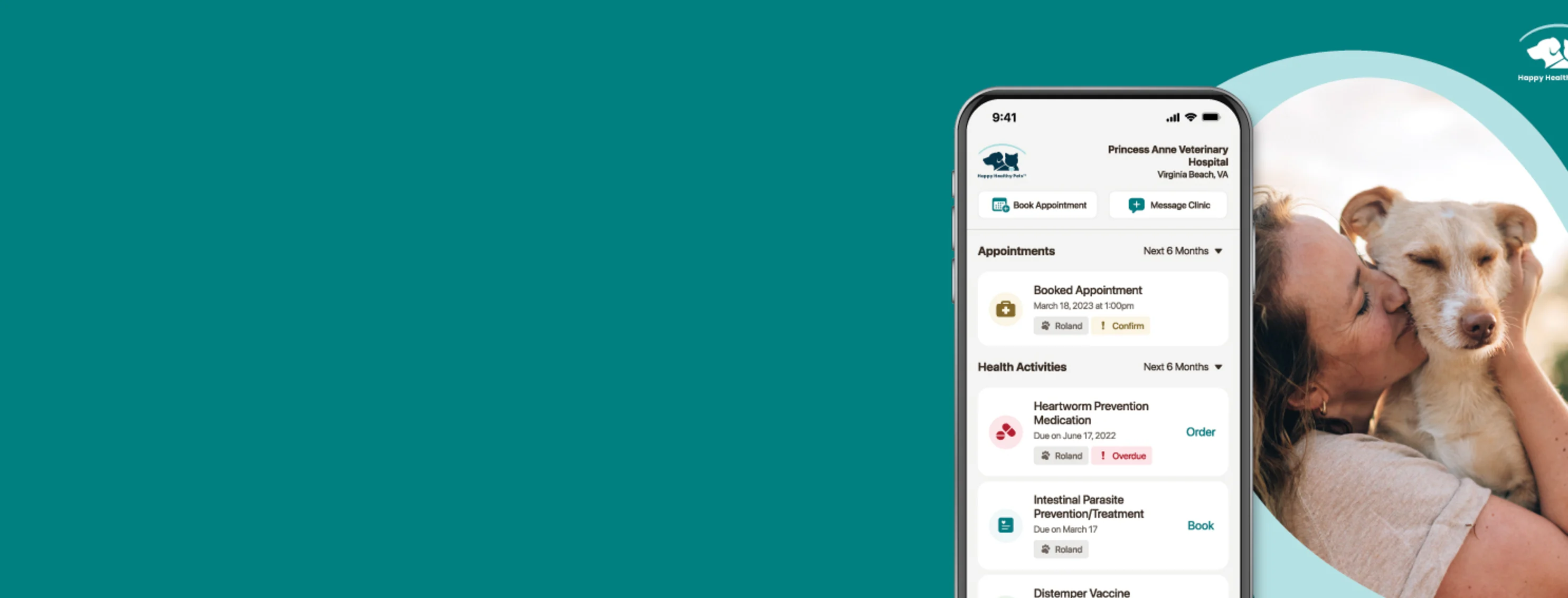 Woman hugging a happy dog with screenshot of Happy Healthy Pets mobile app Woman hugging a happy dog with screenshot of Happy Healthy Pets mobile app