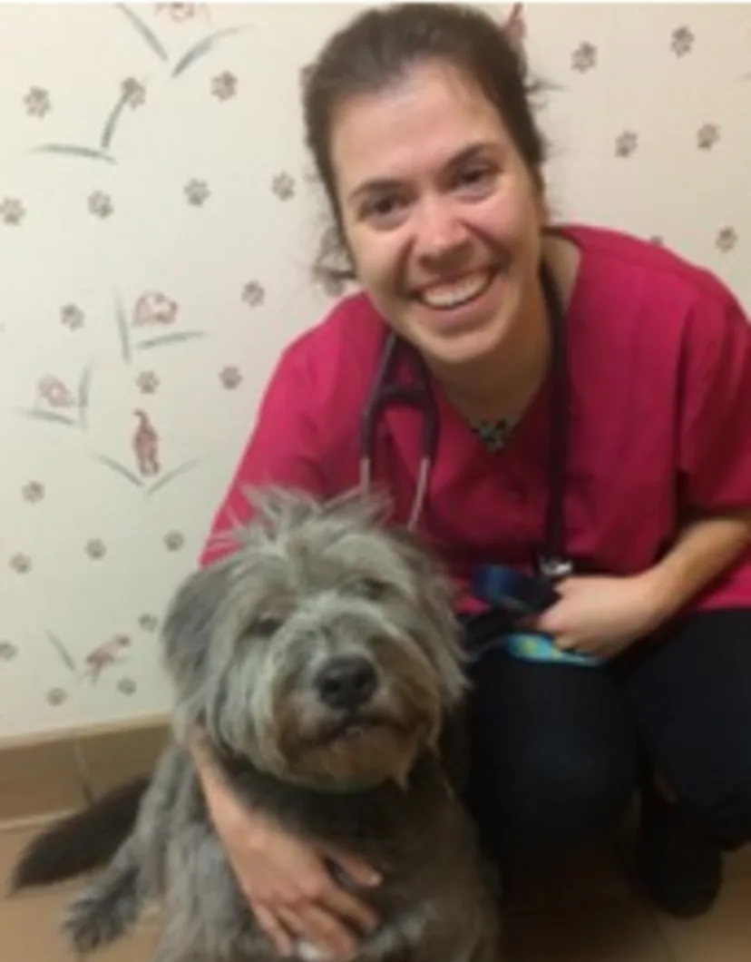 Dr. Kelly Tierney's staff photo from Shinnecock Animal Hospital where she is posing with a little shaggy grey dog in their office.