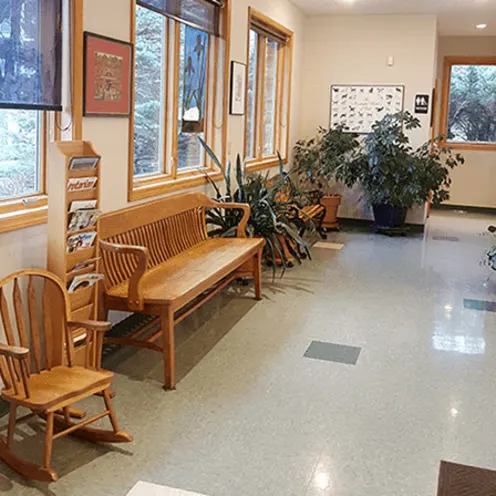 Wooden bench and seats in the lobby of College Mall Veterinary Hospital