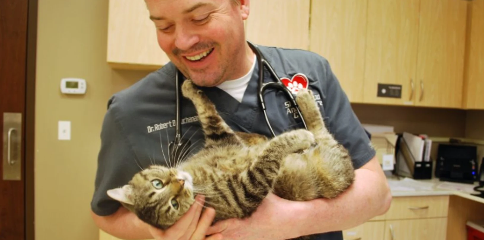 Animal Care Center of Shorewood Doctor smiling and holding cat Animal Care Center of Shorewood Doctor smiling and holding cat