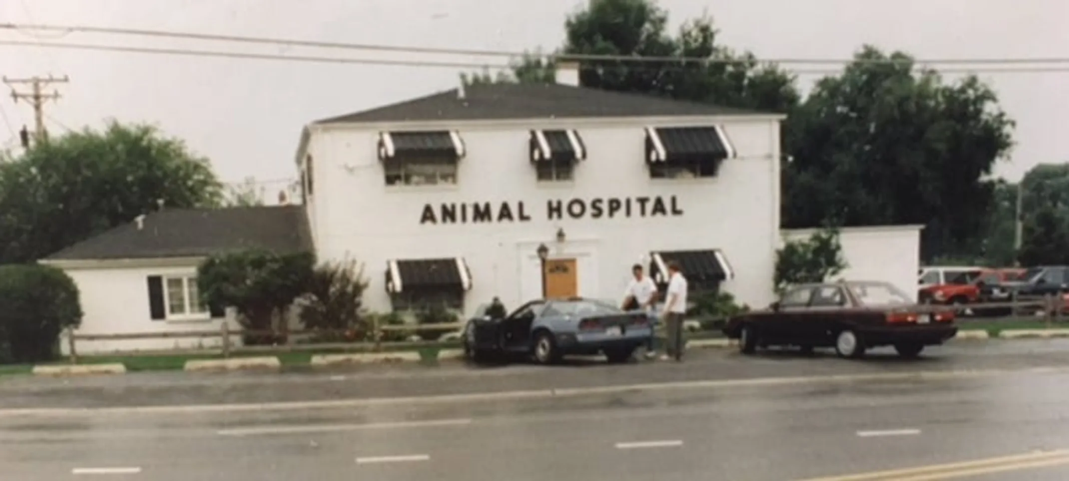 an old photo of the exterior of Glen Ellyn Animal Hospital taken from across the street