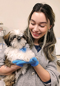 A staff member holding a puppy