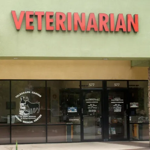 Telegraph Canyon Animal Medical Center's front of building which their sign above just says Veterinarian