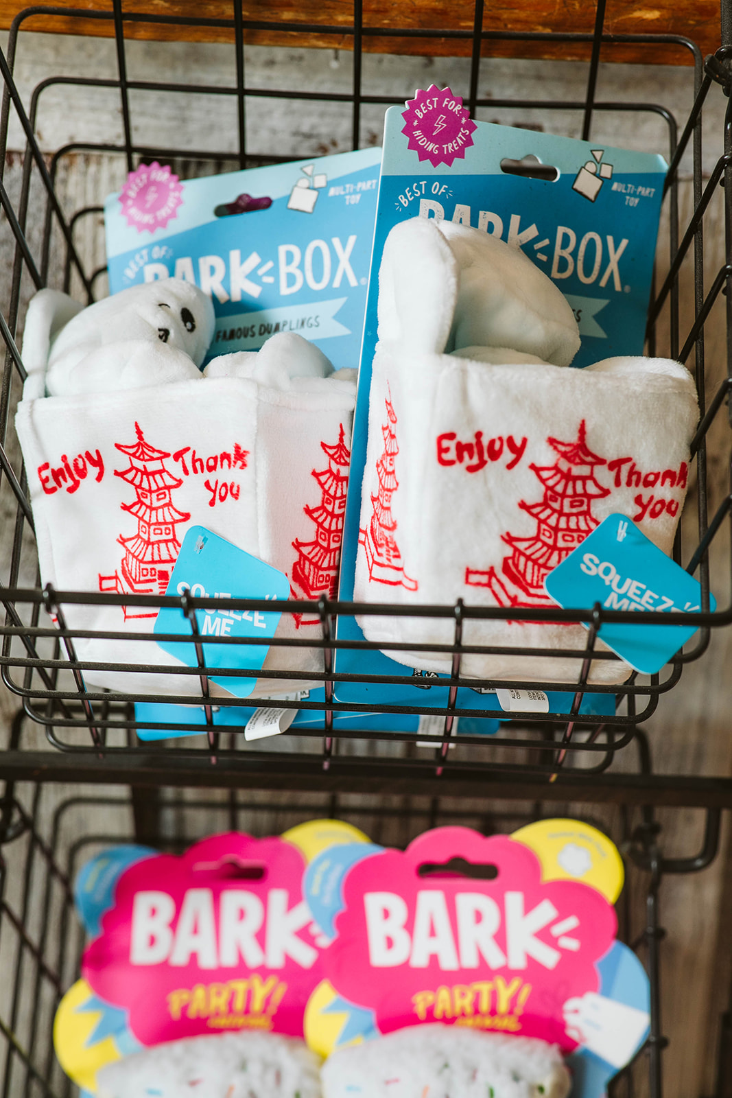 retail bins with dog toys