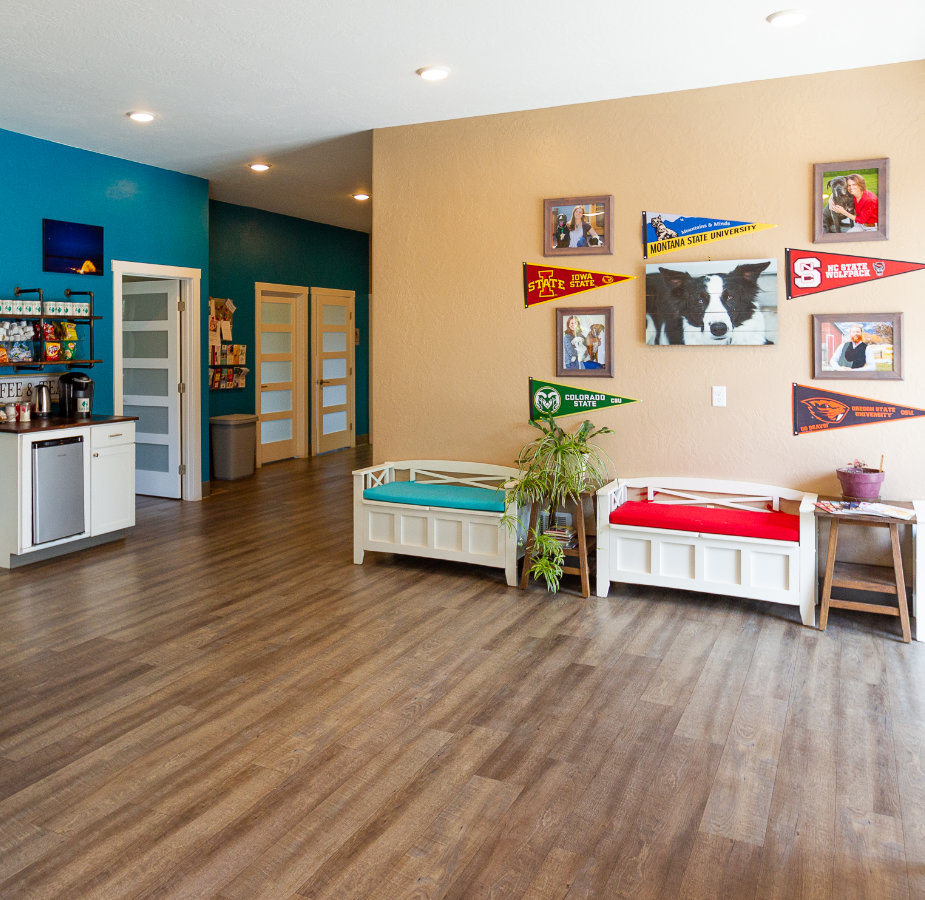 Lobby area with seating and coffee station