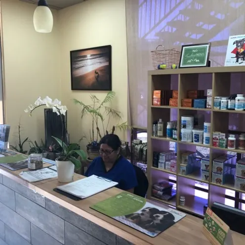 Calabasas Animal Clinic Reception Desk area and a female staff member ready to welcome you 