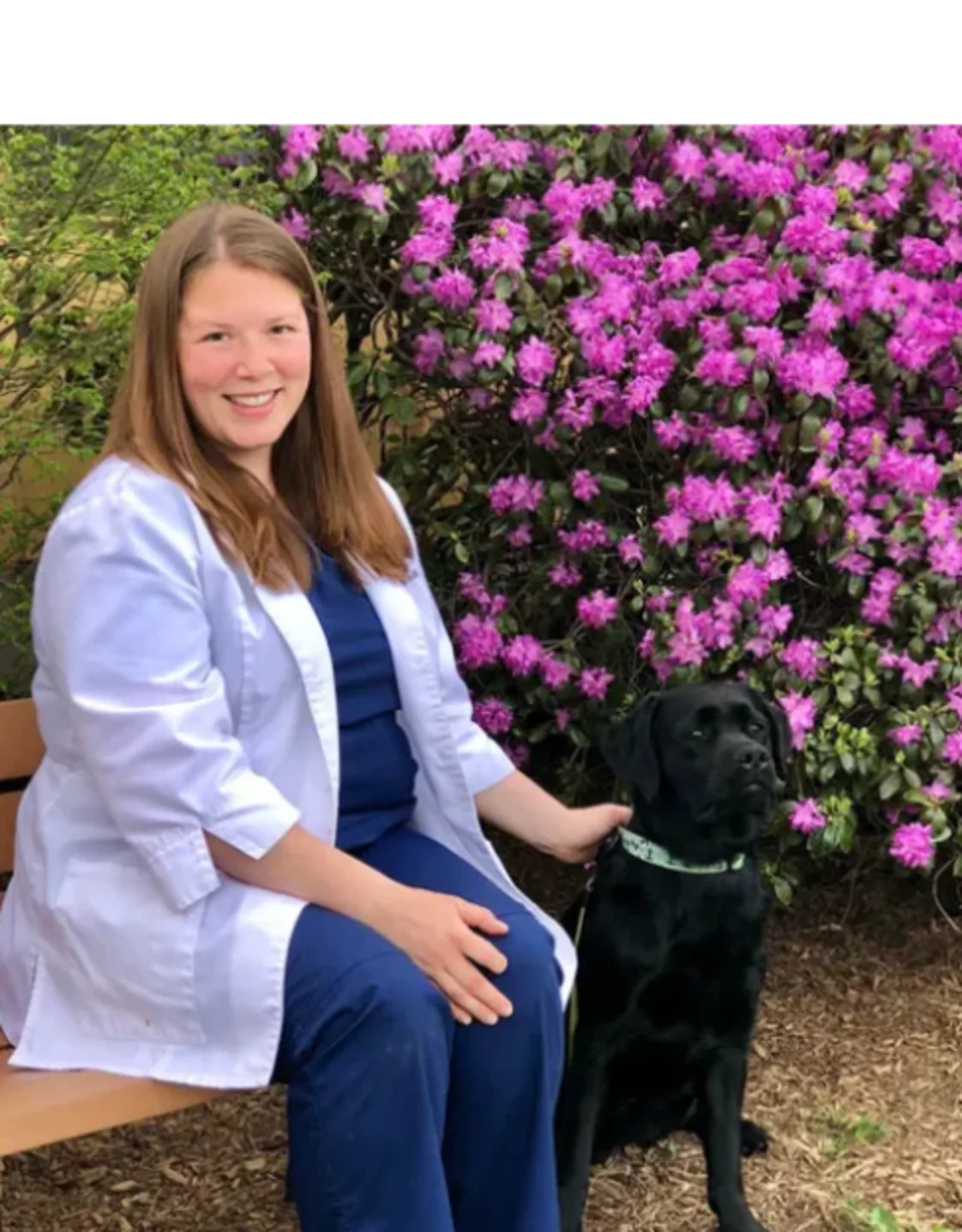 Dr. Kate DeLisle of Northampton Veterinary Clinic sitting on a bench outside while petting a dog Dr. Kate DeLisle of Northampton Veterinary Clinic sitting on a bench outside while petting a dog