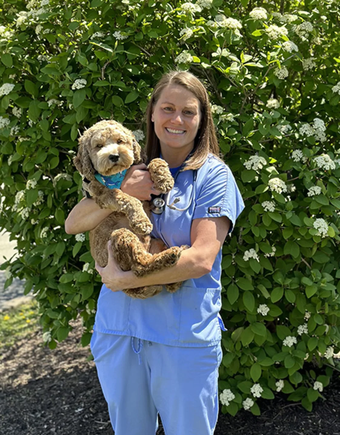 Dr. Jami Fourez holding a small dog outside Dr. Jami Fourez holding a small dog outside