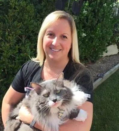 Michelle holding onto a gray cat. Michelle holding onto a gray cat.