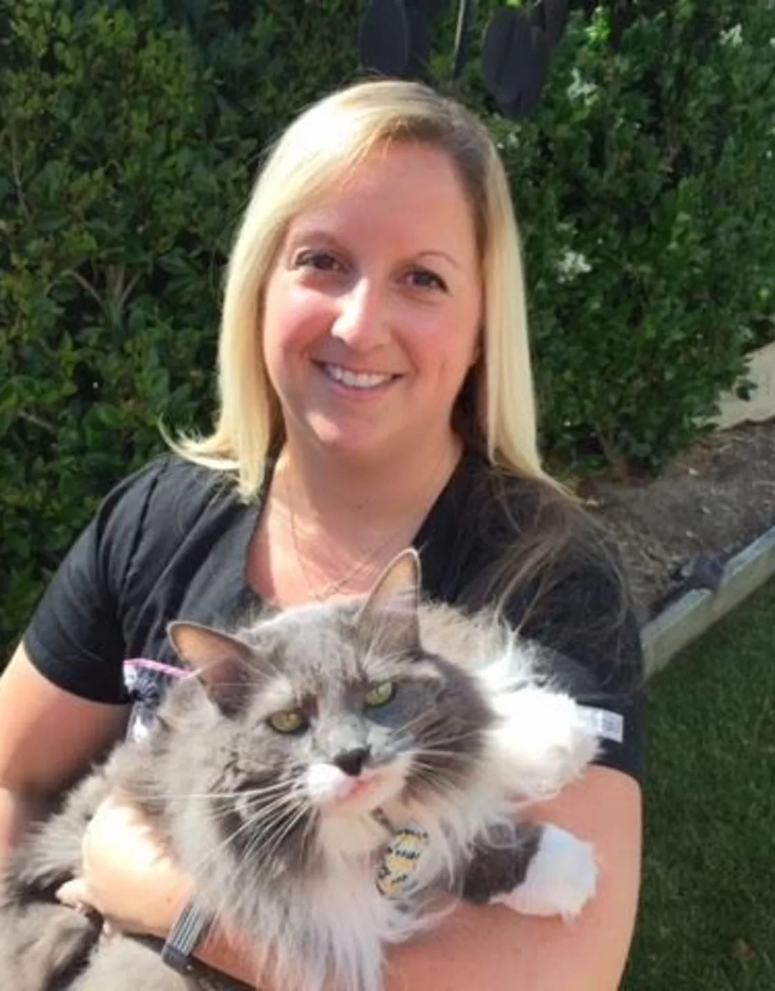 Michelle holding onto a gray cat. Michelle holding onto a gray cat.