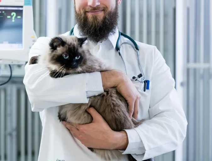 Male Veterinarian is holding a fluffy Siamese cat in a medical office while smiling for the camera to pose for a photo. 