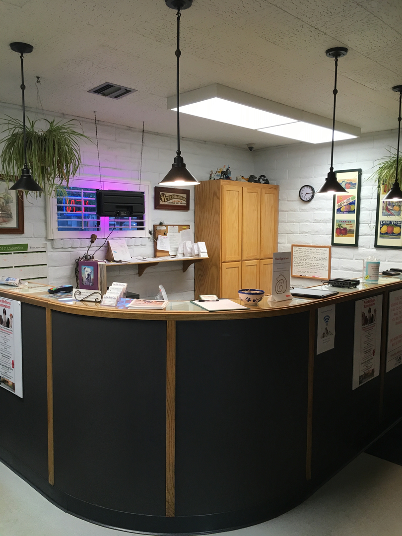 East Lake Animal Clinic's Reception Area tucked in the corner of a room where it has signs and business cards on their desk as well as mounted picture frames