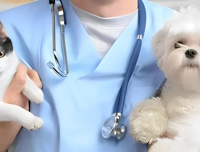 Cat and Dog carried by vet Cat and Dog carried by vet