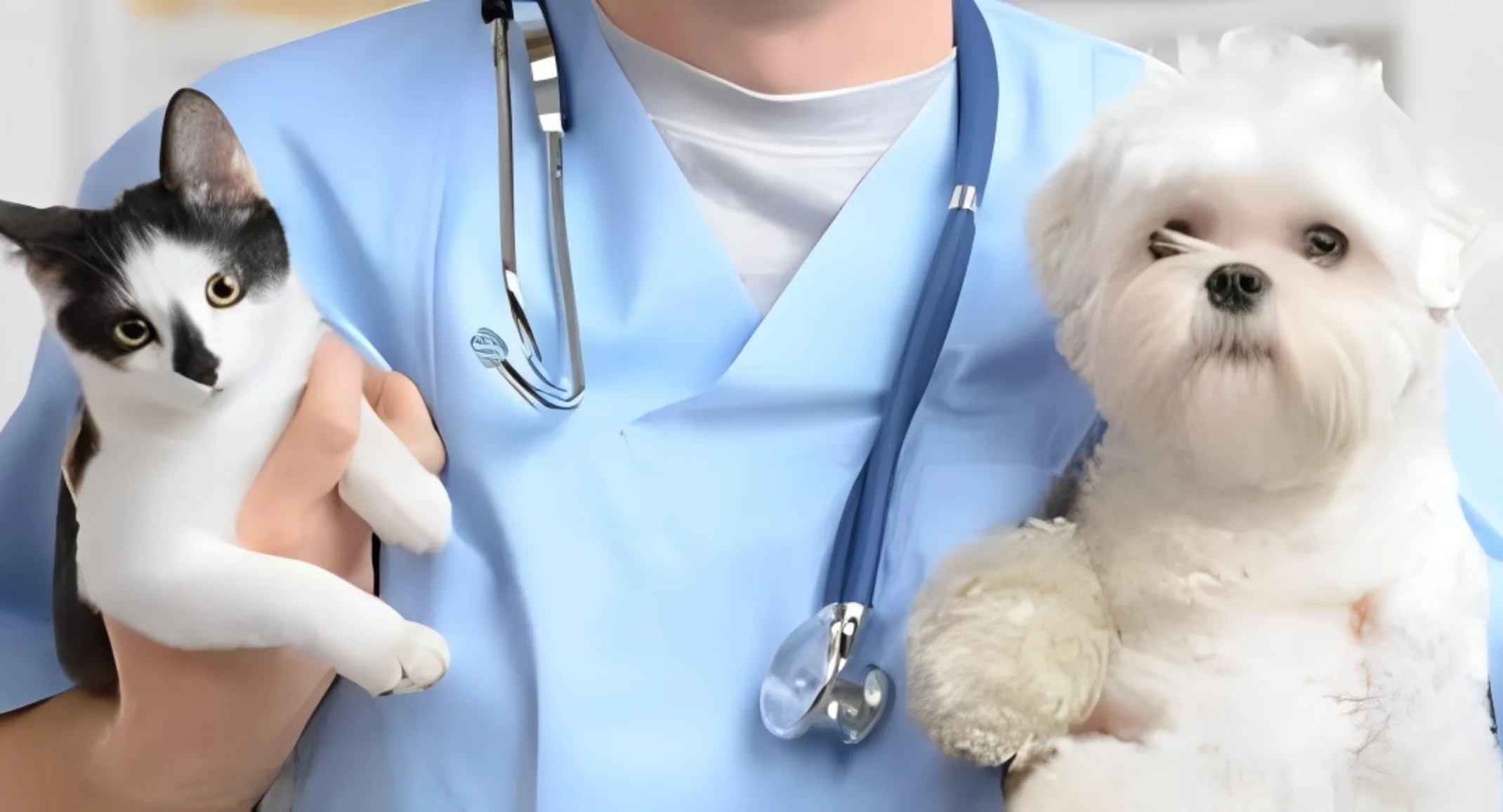 Cat and Dog carried by vet Cat and Dog carried by vet