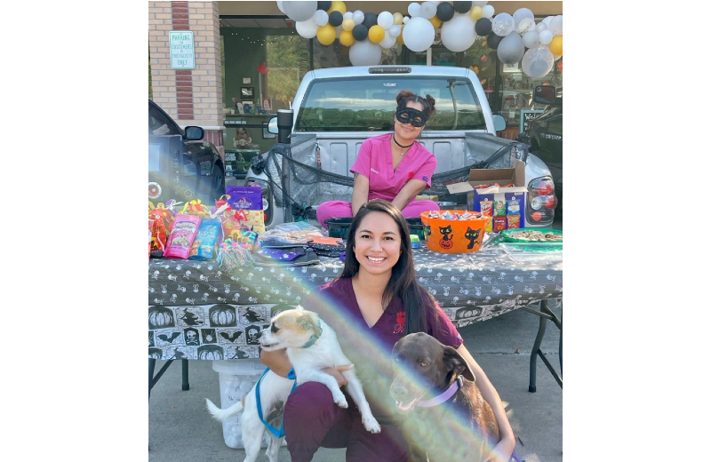 Woman Staff Member Kneeling with 2 Dogs