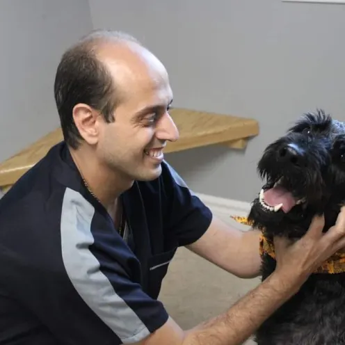 Williamstown Veterinary Services staff member Michael petting a black dog