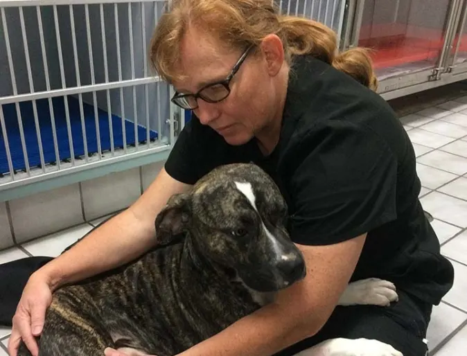 Dr. Holly Smith with dog on floor