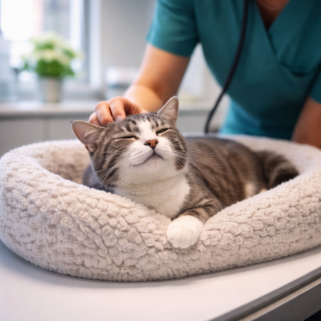 Grey cat lying in a bed being pet