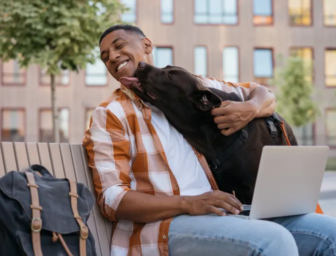 Dog Kissing Man using his Laptop Outside