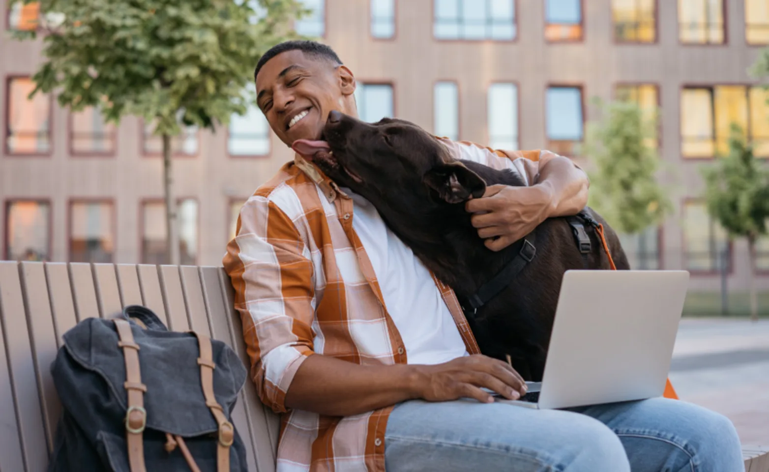 Dog Kissing Man using his Laptop Outside