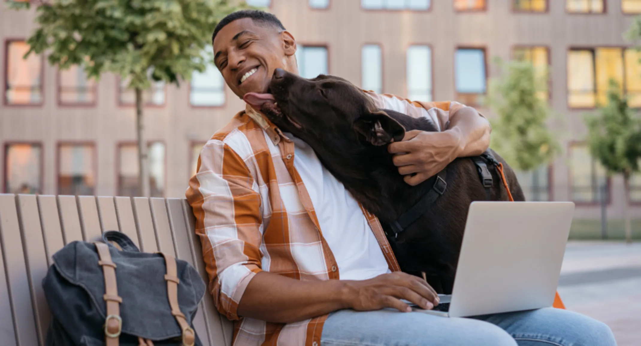 Dog Kissing Man using his Laptop Outside