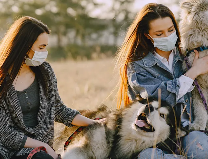 2 girls with mask on with their two dogs outside in a field 2 girls with mask on with their two dogs outside in a field