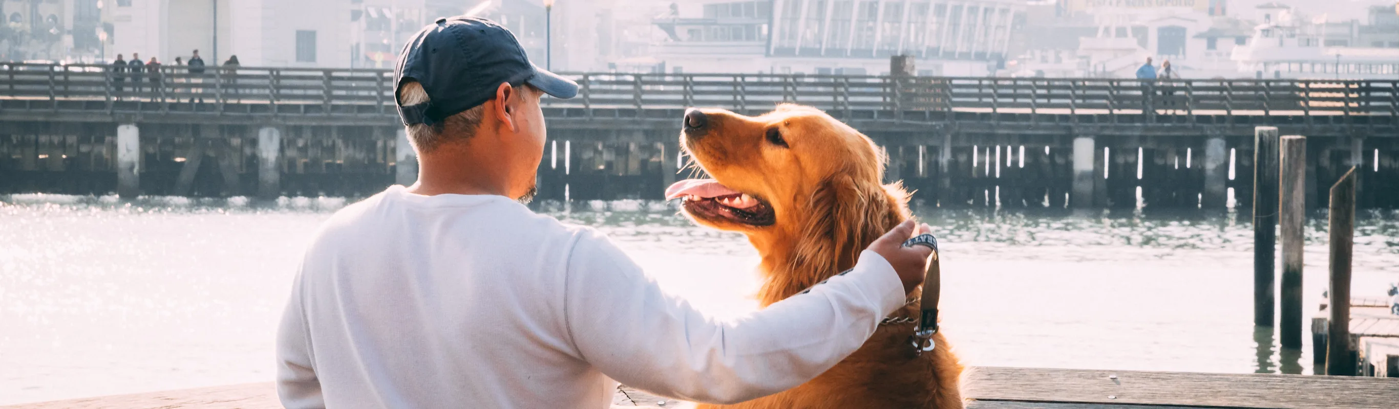 Man with dog at dock Man with dog at dock