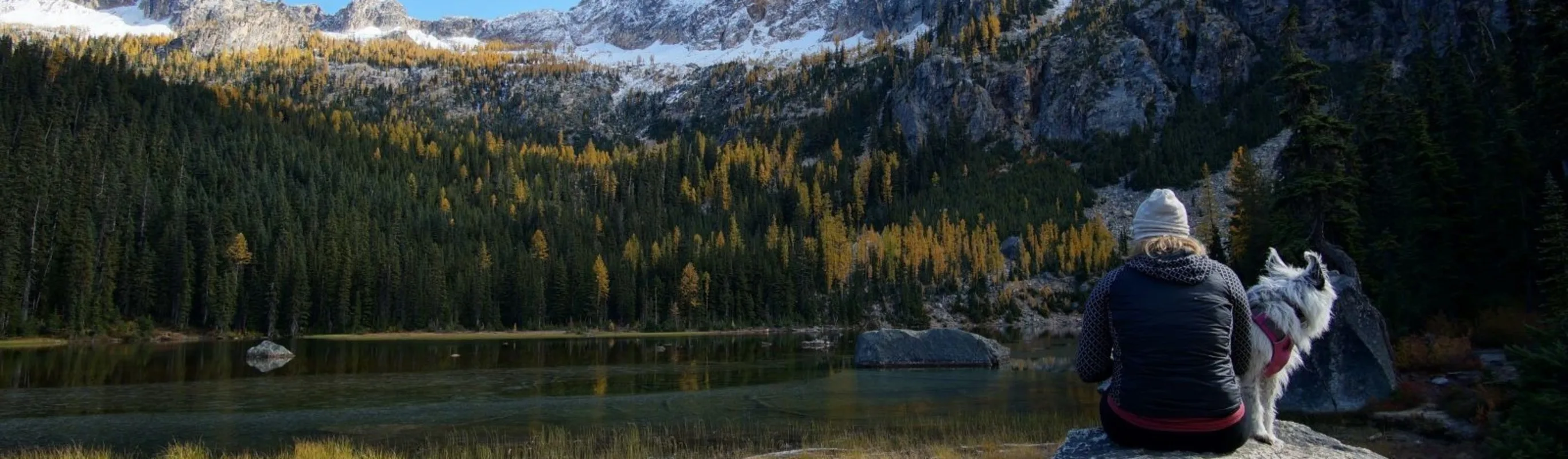 Woman and dog in front of scenery of mountain, lake, and trees Woman and dog in front of scenery of mountain, lake, and trees