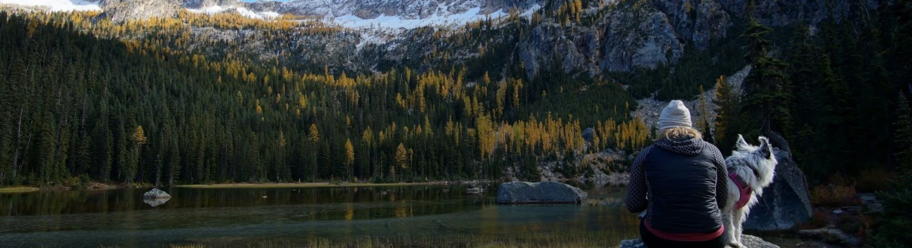 Woman and dog in front of scenery of mountain, lake, and trees Woman and dog in front of scenery of mountain, lake, and trees