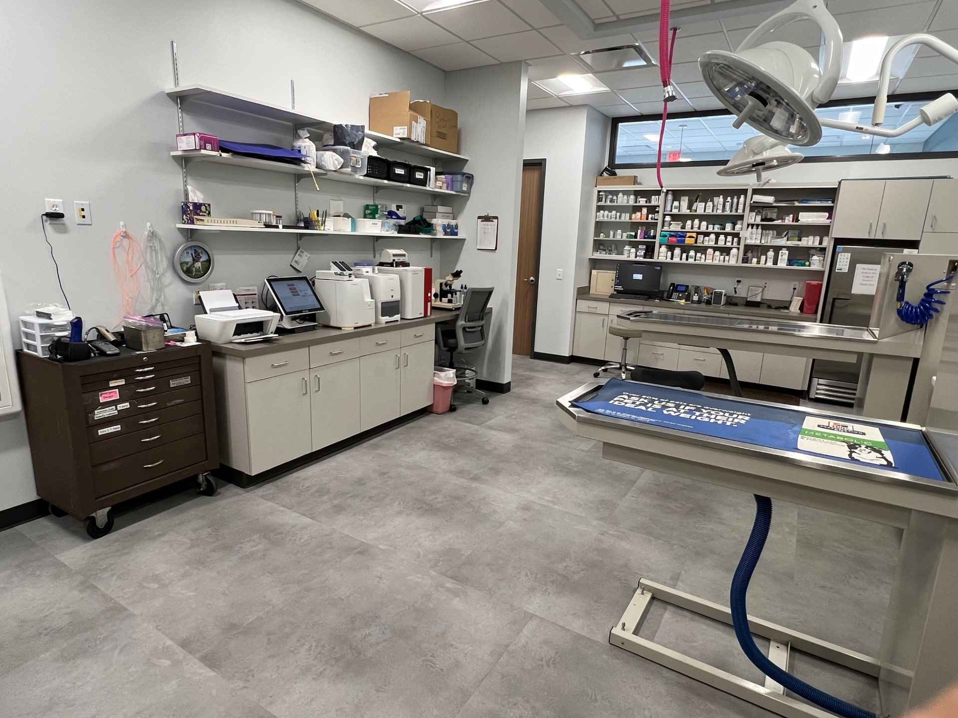treatment area, lab, and pharmacy