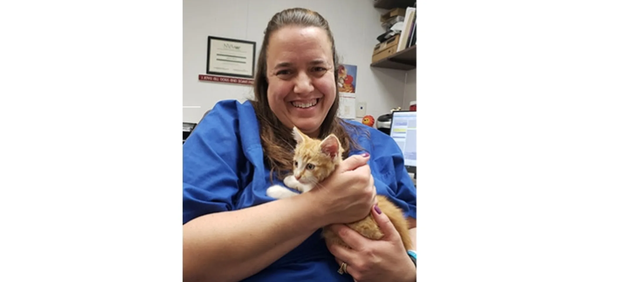 Woman smiling at camera while holding kitten Woman smiling at camera while holding kitten
