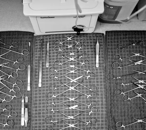 Black and white photo of surgery equipment