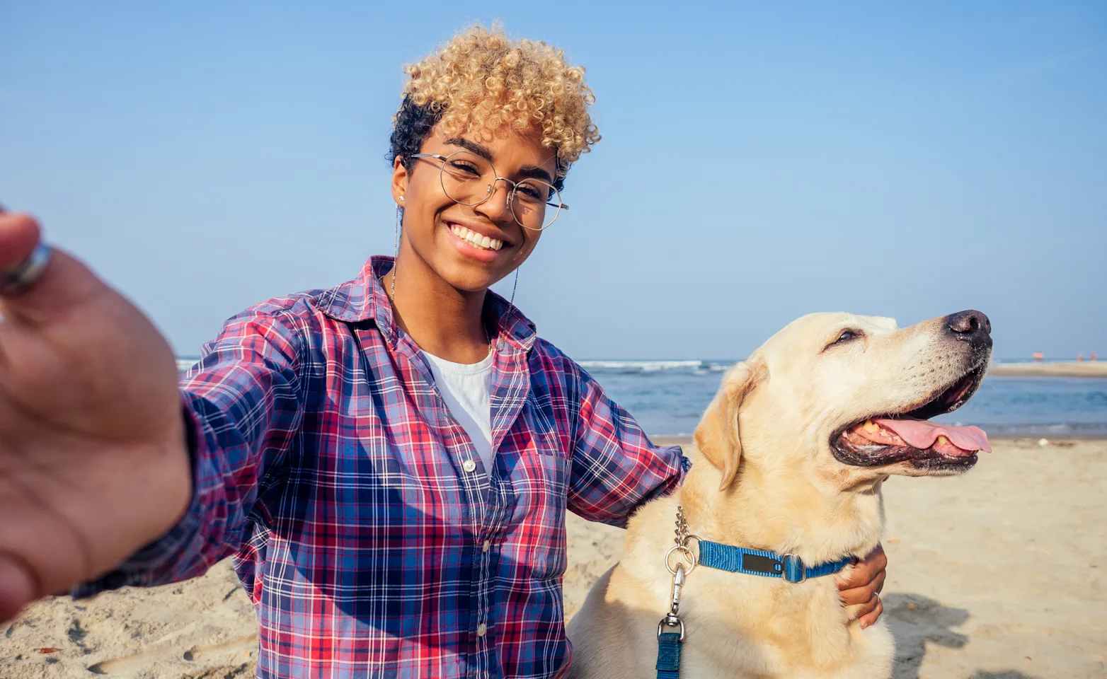 Woman hugging dog at beach