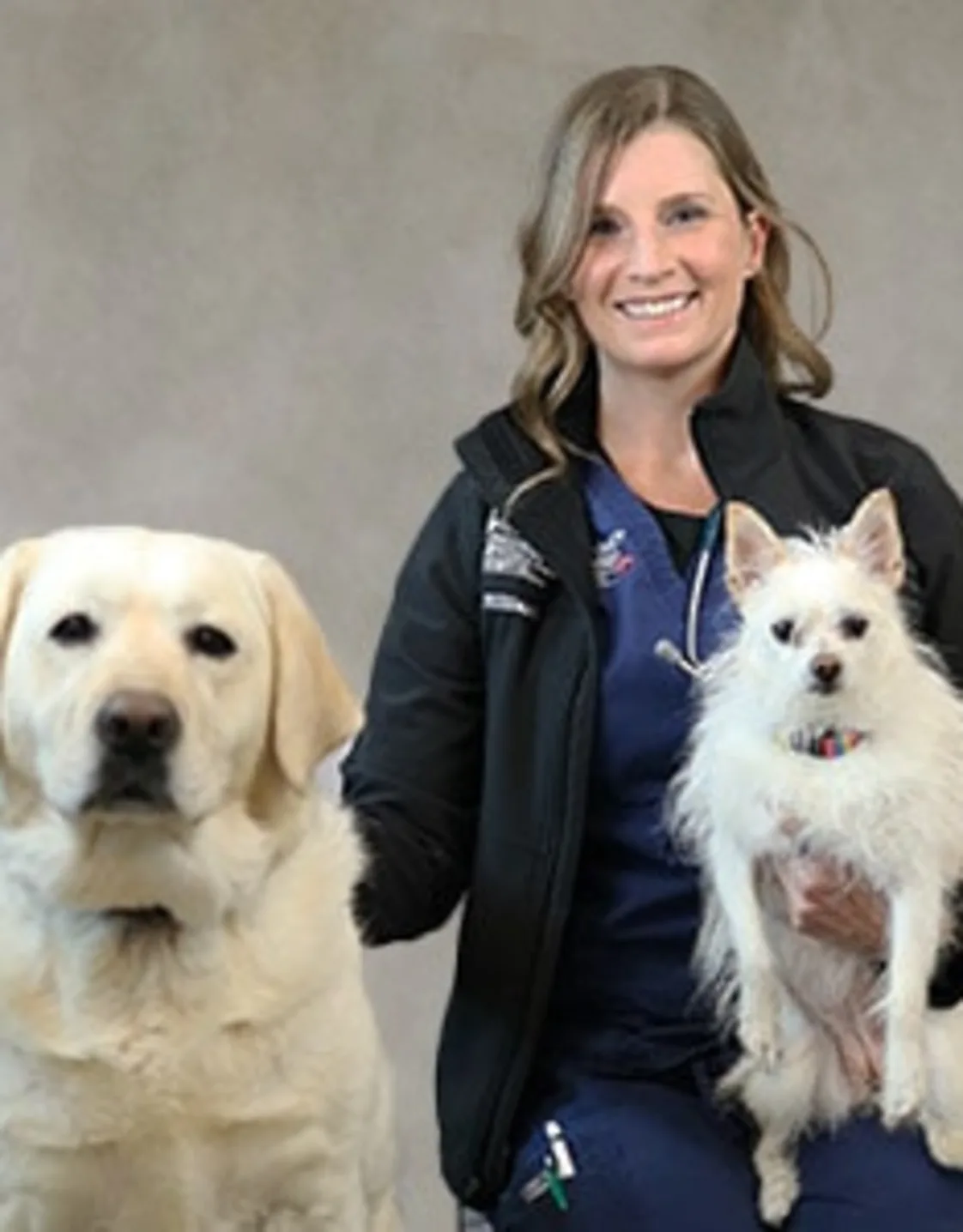 Amanda Hilliard smiling holding a small white dog and kneeling next to a yellow lab Amanda Hilliard smiling holding a small white dog and kneeling next to a yellow lab