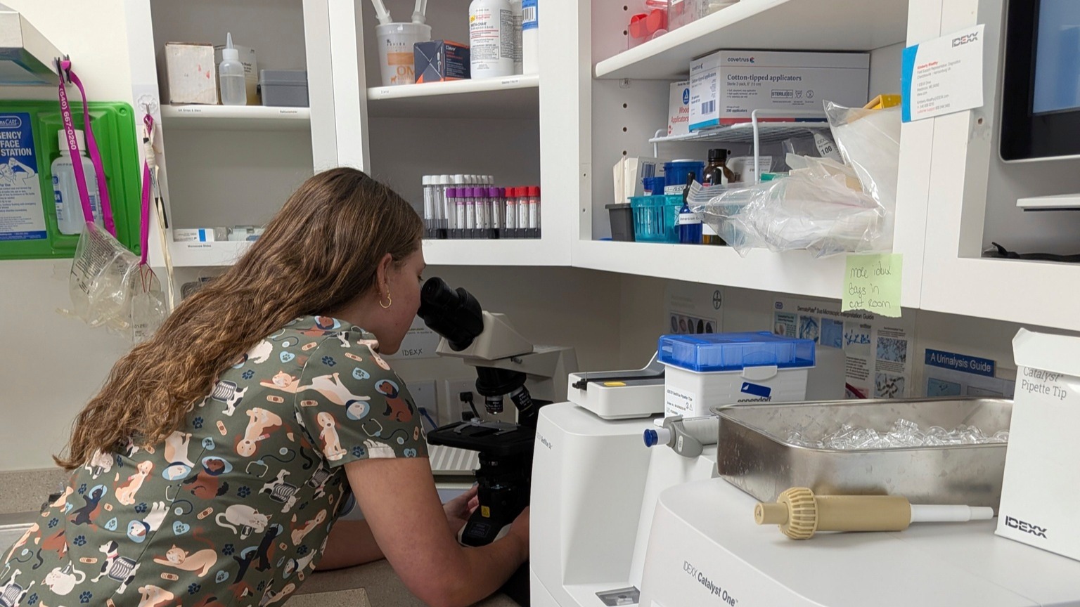 Woman looking into microscope