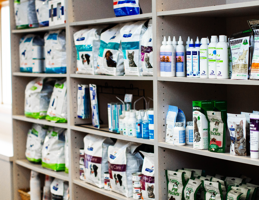 Poulsbo Marina Veterinary Clinic Pet Supplies.  An assortment of pet supplies shelved for display.