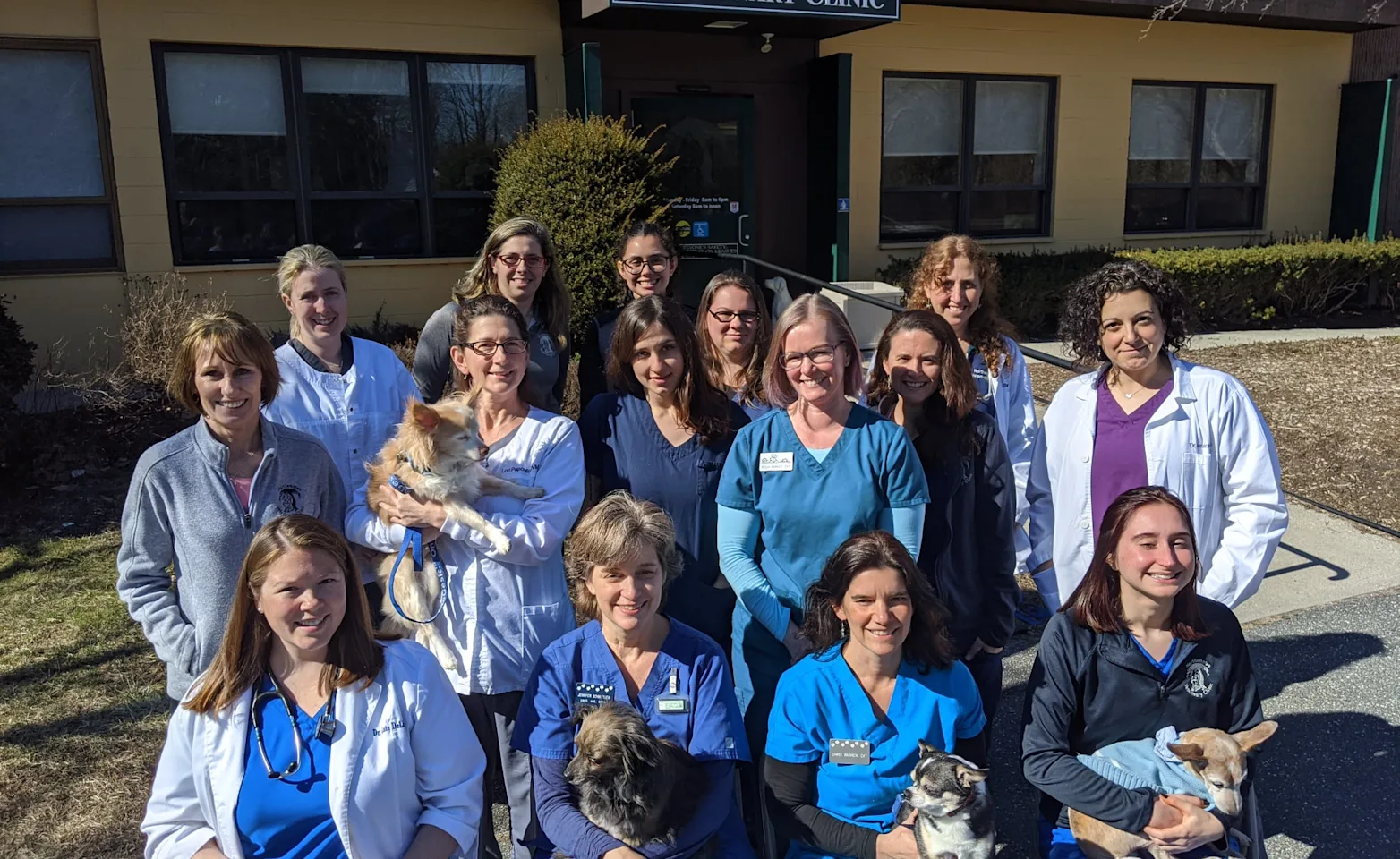Northampton Veterinary Clinic staff posing outside of the clinic Northampton Veterinary Clinic staff posing outside of the clinic