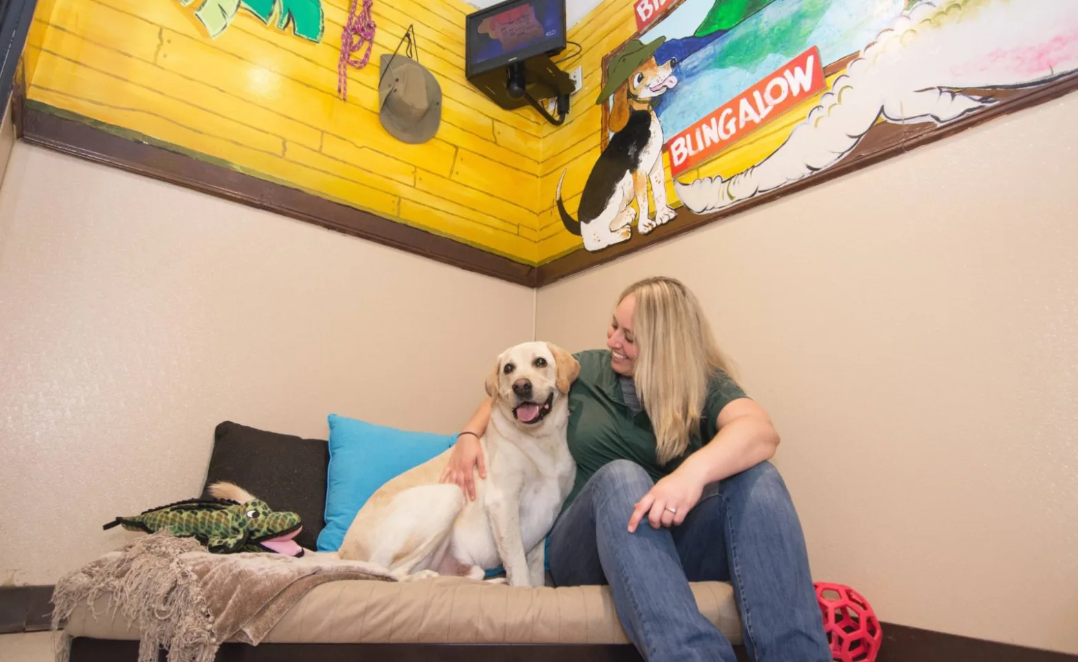 Staff with dog in Luxury Suite at Rover Oaks Pet Resort
