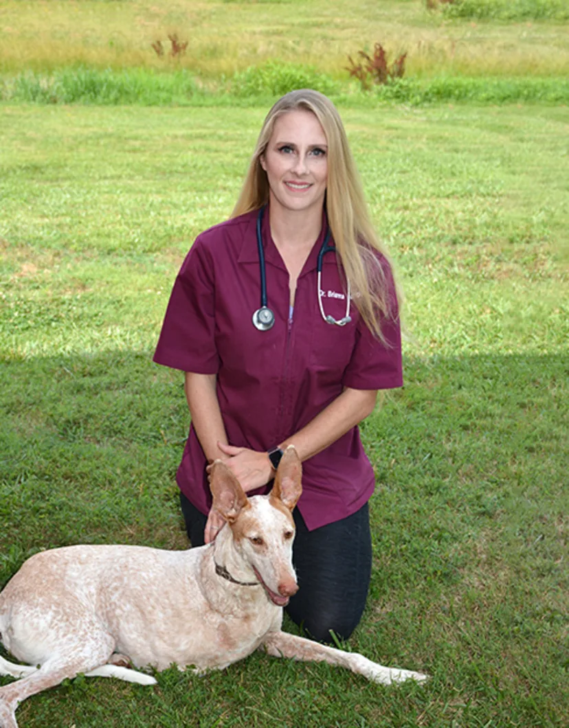 Dr. Brianna R. Horricks' staff photo with her German Shephard in the picture with her for Ferry Farm Animal Clinic's photo op. 
