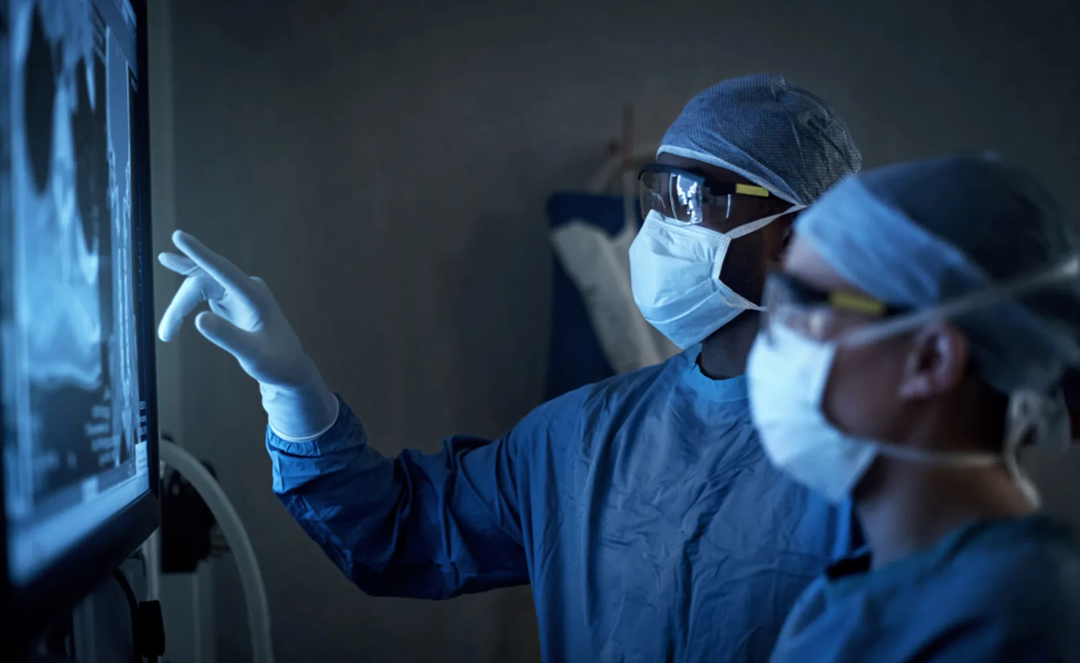 Two veterinarians standing next to each other analyzing a digital radiograph Two veterinarians standing next to each other analyzing a digital radiograph