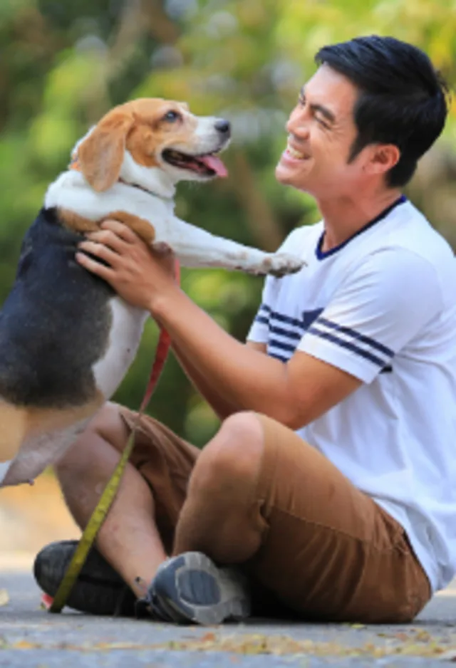 Man Sitting with Dog Outside Man Sitting with Dog Outside
