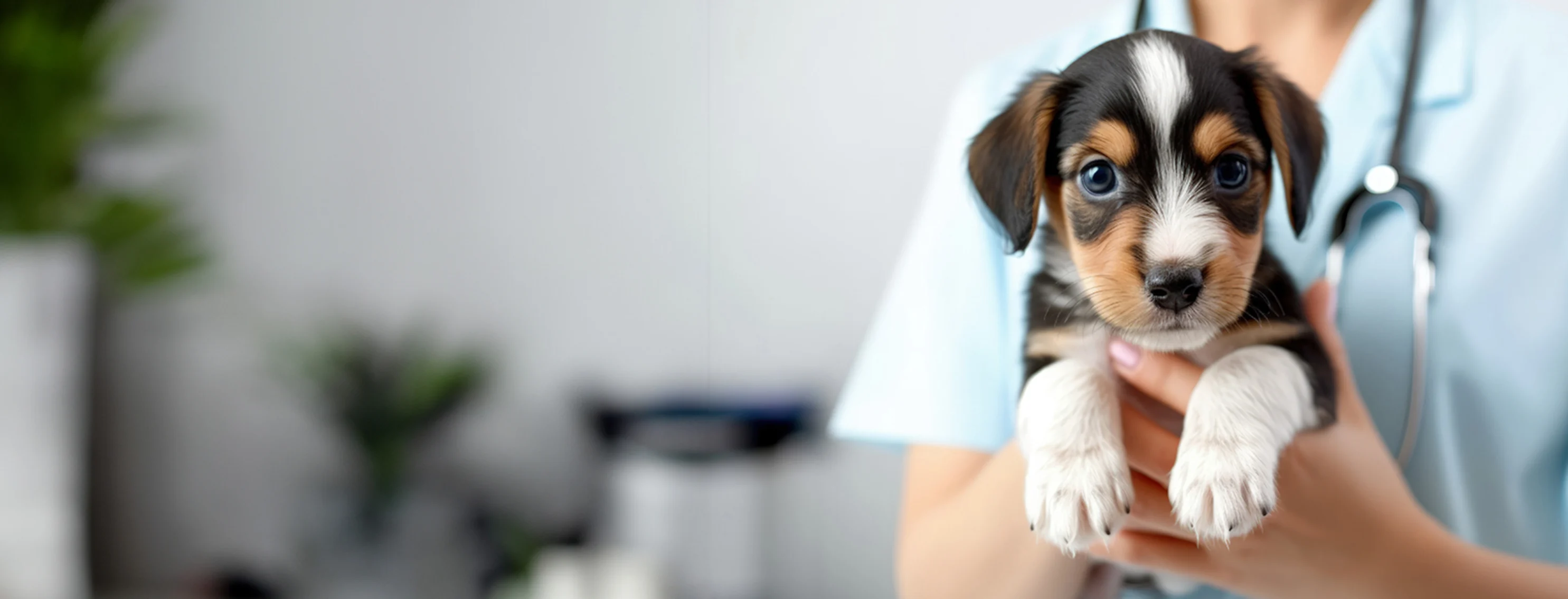 A puppy being presented to the camera by a person in scrubs A puppy being presented to the camera by a person in scrubs