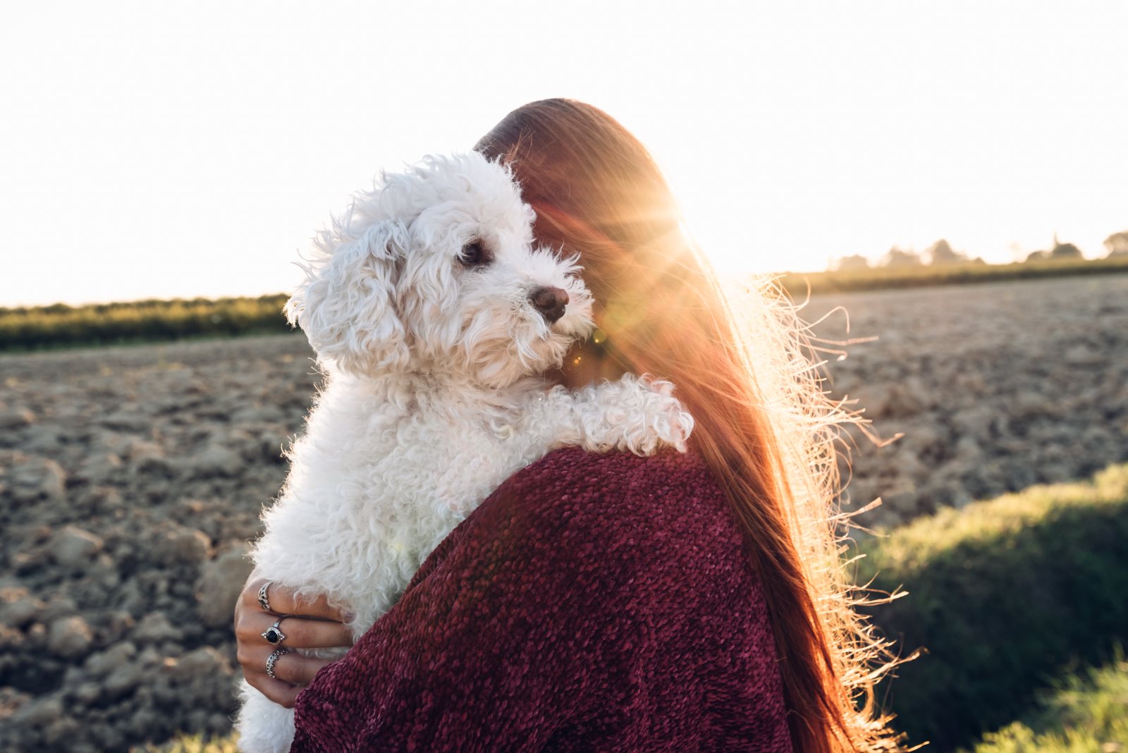 Woman hugging white dog 