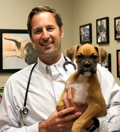 Dr. Todd Hughes with a dog in office