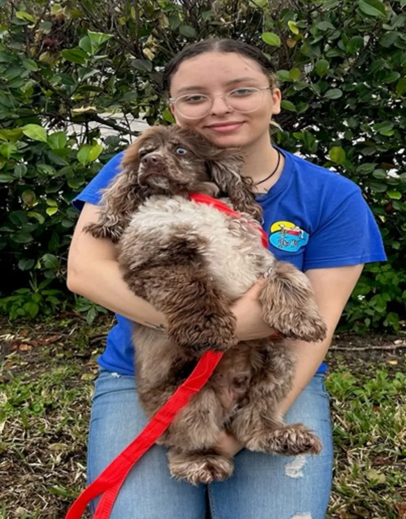 Alyssa, groomer at Pompano Pet Lodge, holding a brown dog with a red collar