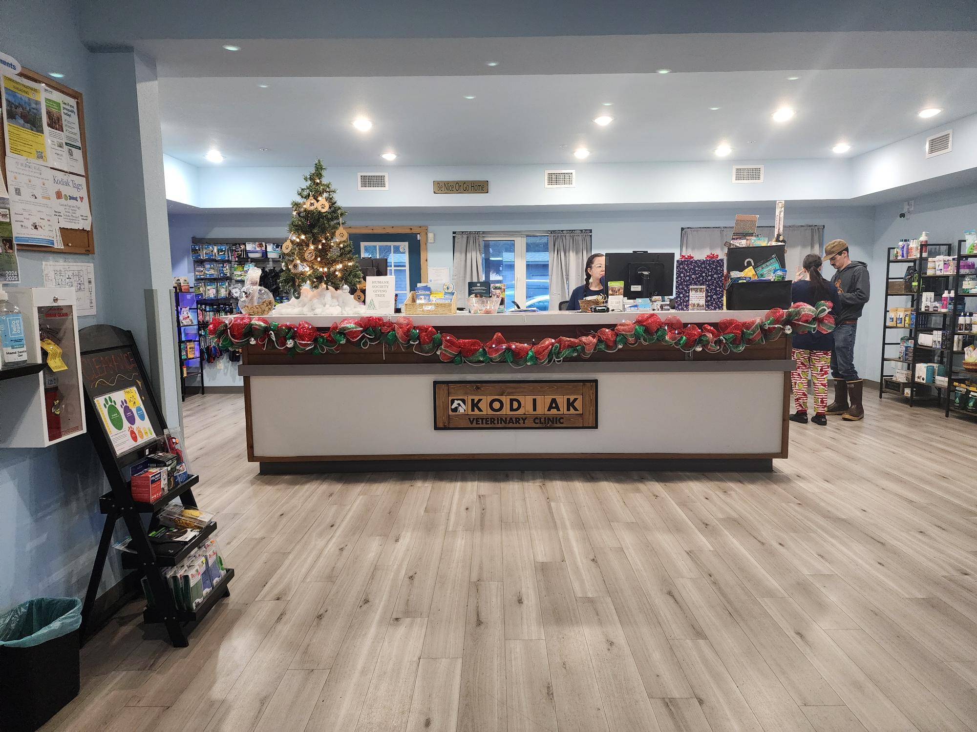 Receptionist Desk with Holiday Decorations at Kodiak Veterinary Clinic