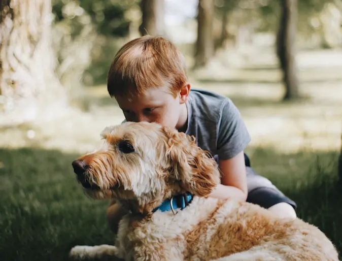 dog and boy laying down in park