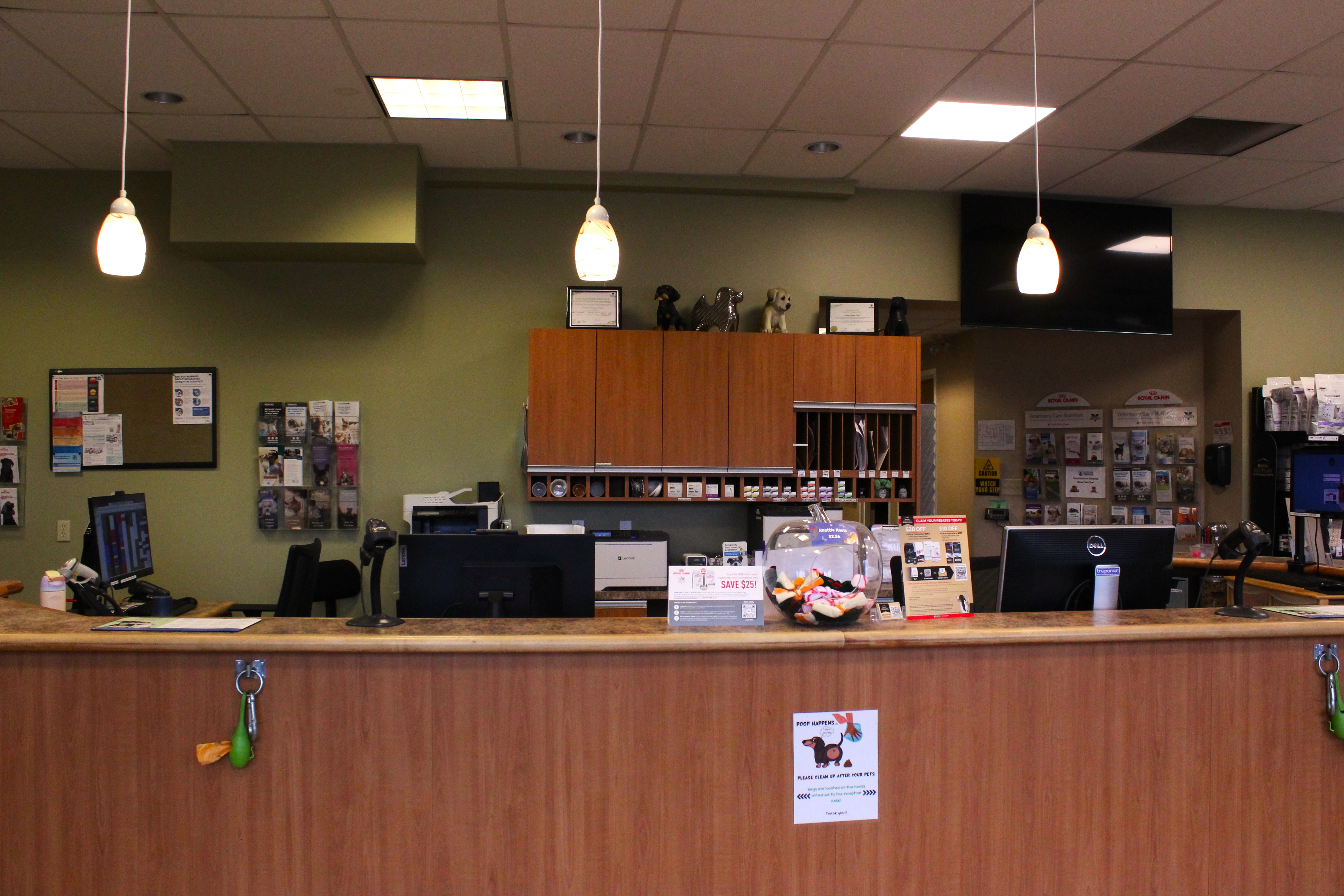 A wide display of the reception desk.