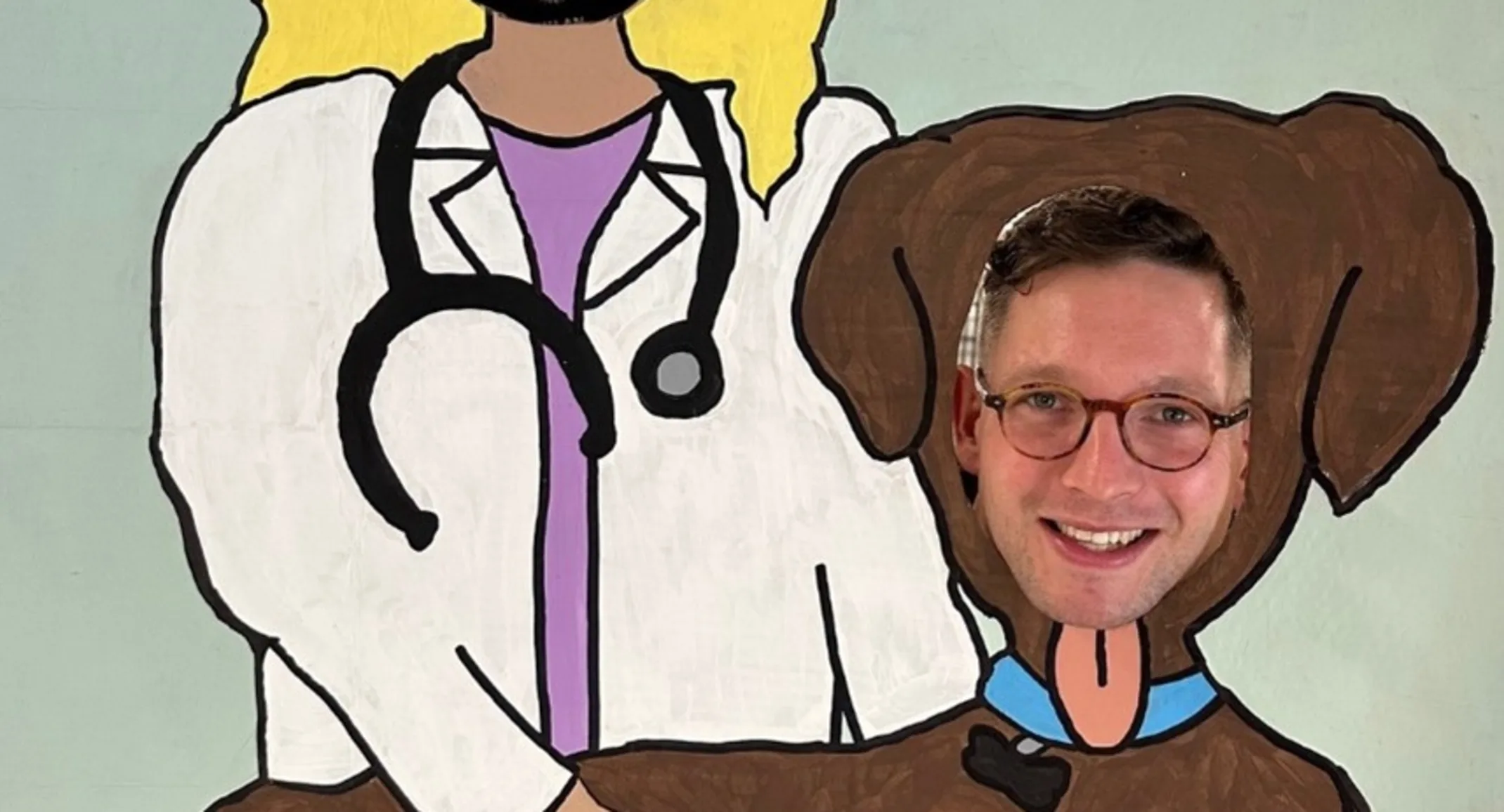 Pug looking out of a human face cutout and man looking out of a dog face cutout. Pug looking out of a human face cutout and man looking out of a dog face cutout.