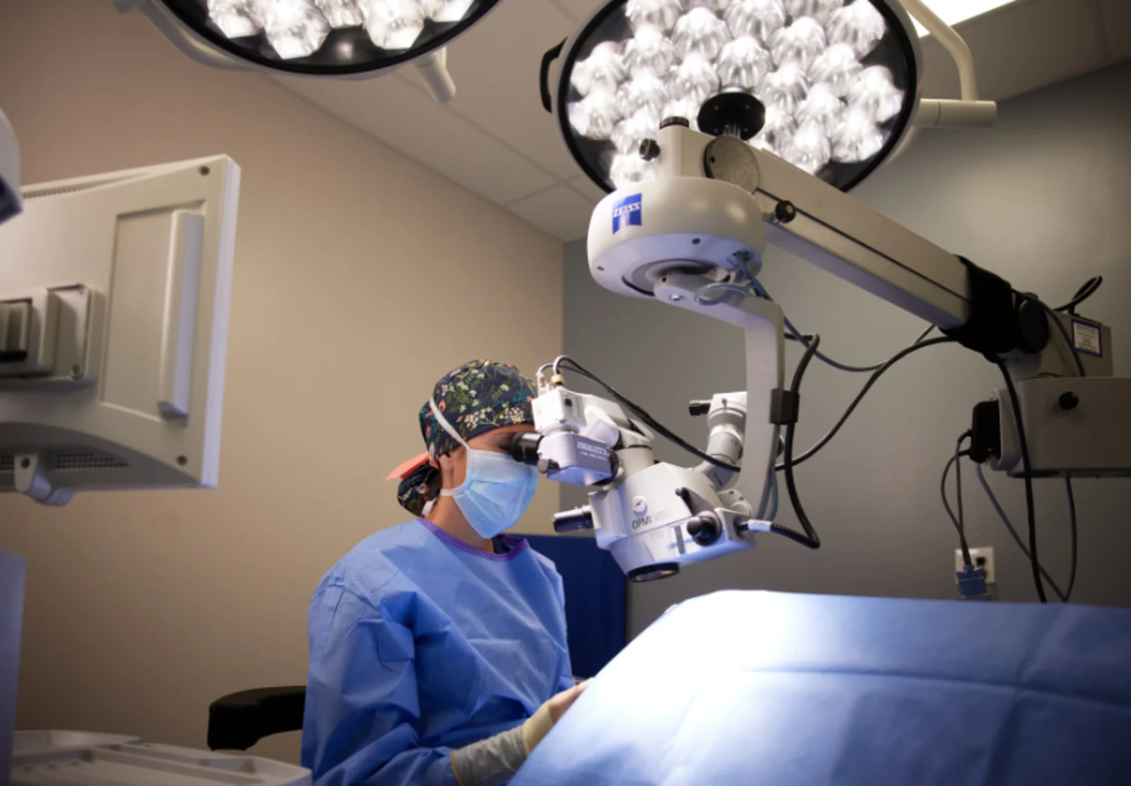 Vet examining patient underneath microscope Vet examining patient underneath microscope